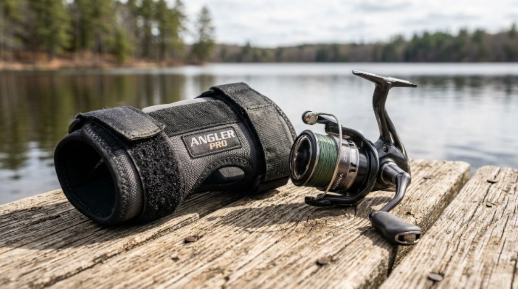 Close-up of a fishing wrist brace with adjustable straps laid next to a spinning reel on a wooden dock