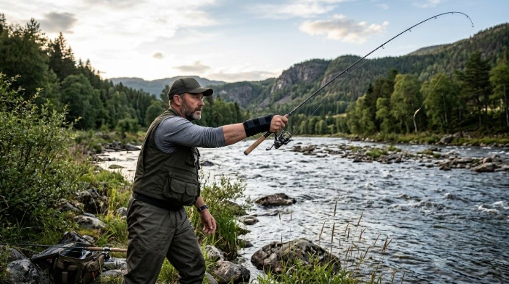 An angler wearing a black wrist brace while casting a fishing rod from a riverbank