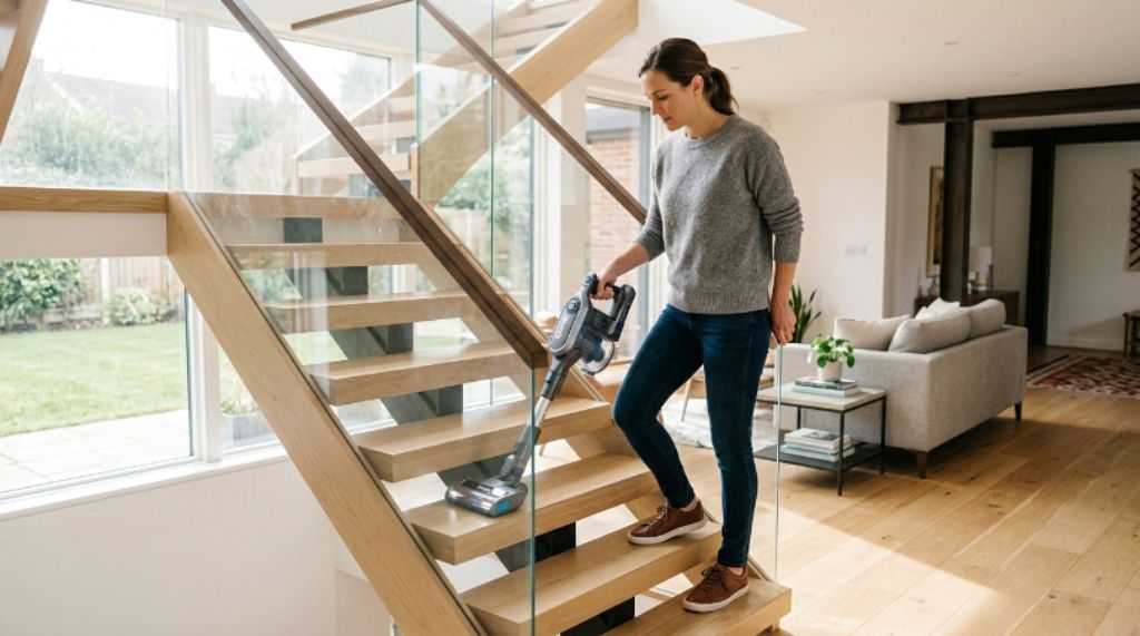 A person using a lightweight cordless Shark vacuum to clean stairs in a bright modern home