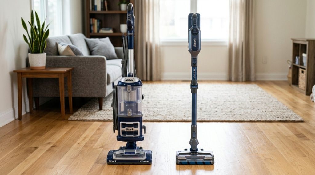 Side-by-side comparison of an upright Shark vacuum and a cordless Shark vacuum on a clean living room floor
