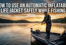 Angler wearing inflatable PFD fishing from a bass boat safely