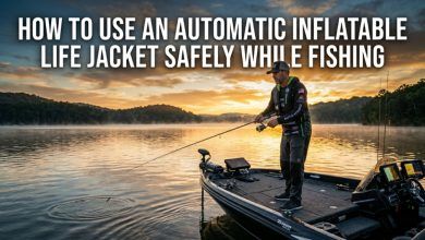 Angler wearing inflatable PFD fishing from a bass boat safely