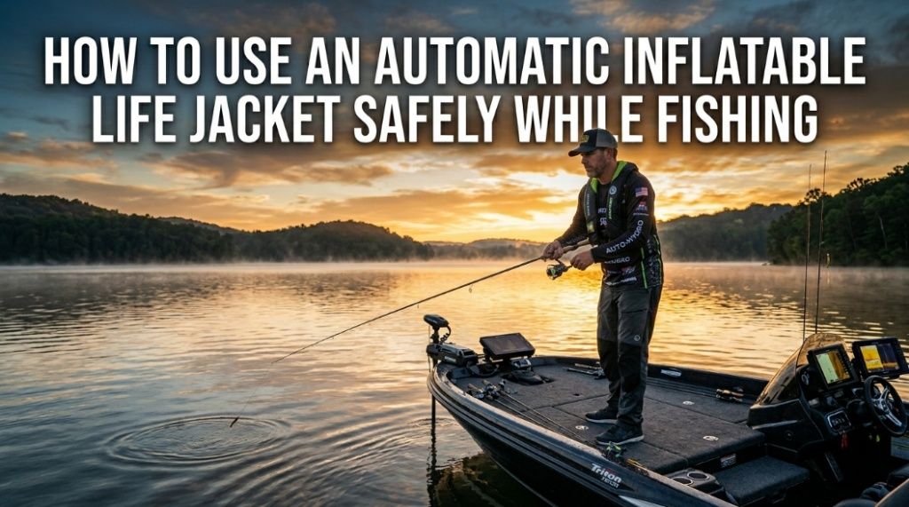 Angler wearing inflatable PFD fishing from a bass boat safely