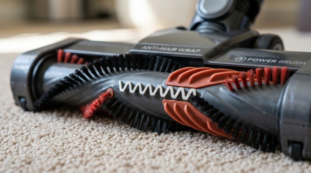 Close-up of an anti-tangle vacuum brush roll showing specialized bristles designed to prevent hair wrap.