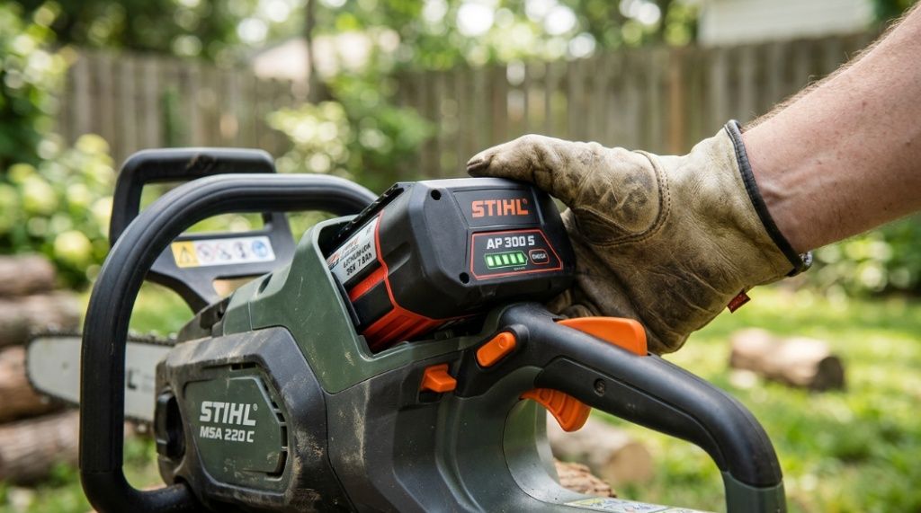 Close up of a lithium ion battery pack being inserted into a cordless chainsaw. 
