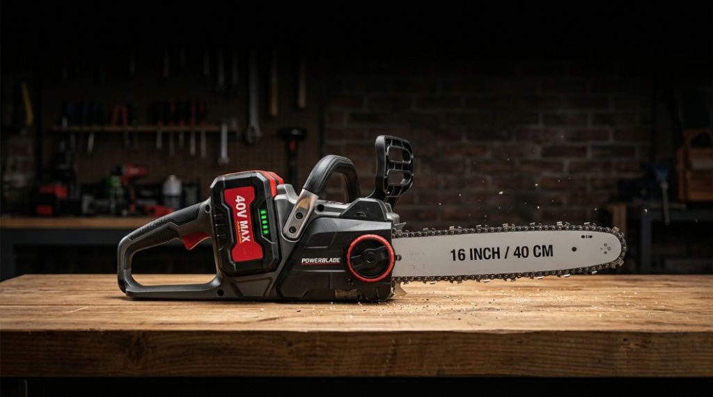 A premium cordless battery chainsaw placed on a wooden workbench in a workshop.