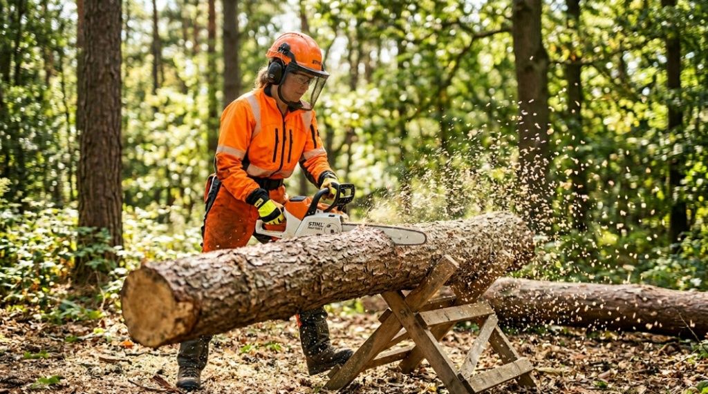 A person wearing safety gear uses a battery chainsaw to cut a log. 