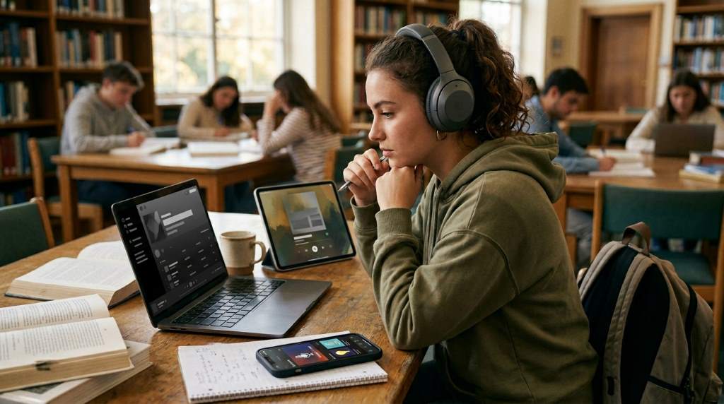 winter dorm room setup with student listening to audiobook