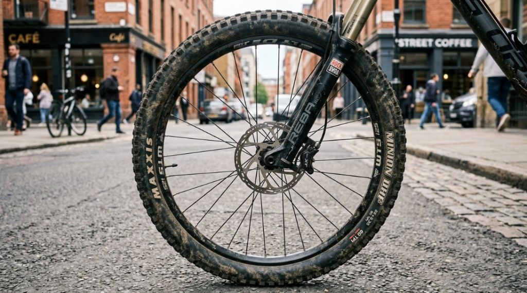 Close up of the front wheel and suspension on a mountain bike.