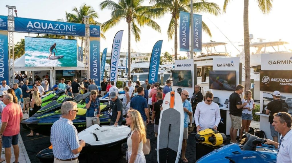 Visitors exploring watersports equipment and marine technology at the AquaZone during the Fort Lauderdale International Boat Show 2026