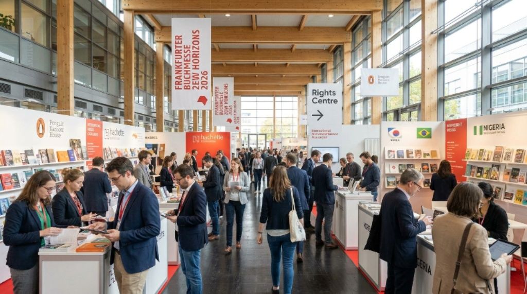 Publishing professionals browsing exhibitor stands and international rights catalogues inside the newly redesigned halls at the Frankfurt Book Fair 2026 in Messe Frankfurt, Germany