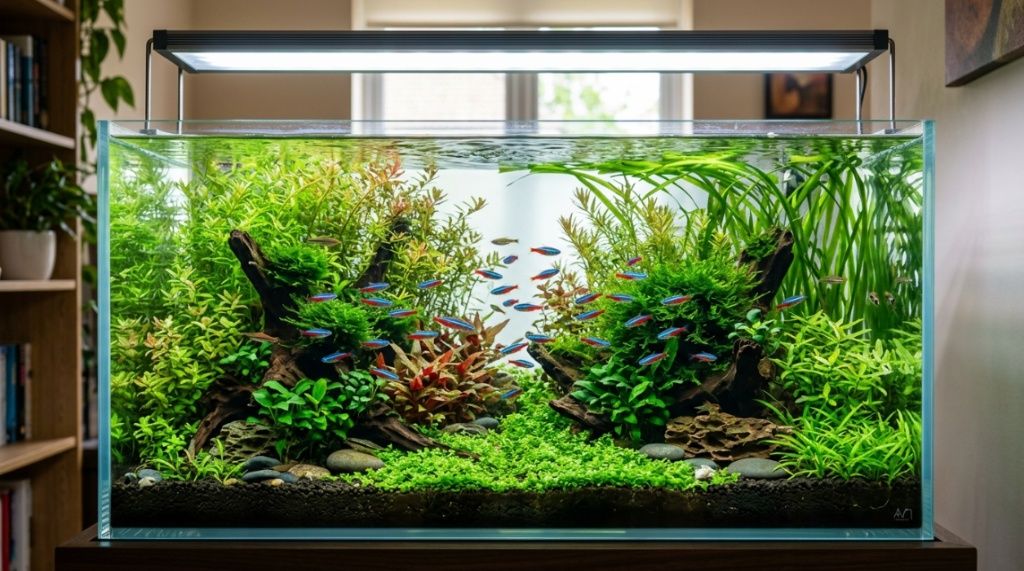 Green spot algae growing on aquarium glass due to excessive daily lighting hours.
