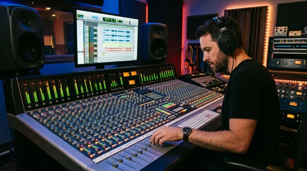 An audio engineer wearing Sennheiser mixing headphones at a studio mixing console.