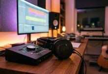 Sennheiser studio headphones resting on a wooden desk next to an audio interface.