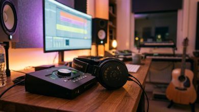 Sennheiser studio headphones resting on a wooden desk next to an audio interface.