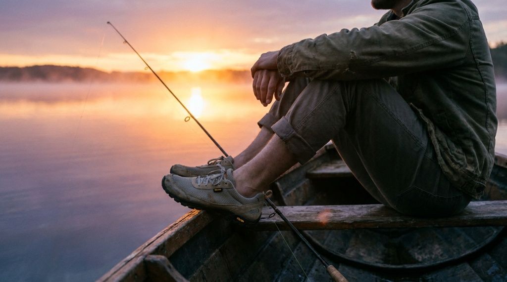 Person wearing comfortable waterproof wading shoes on a fishing boat.