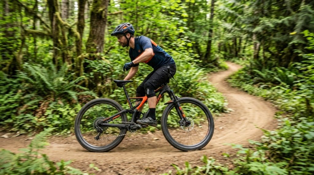 Mountain biker riding down smooth dirt path inside dense green forest.