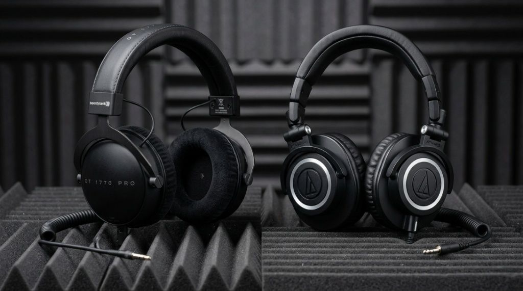 Side by side comparison of Beyerdynamic DT 1770 Pro and Audio Technica ATH M50x headphones.