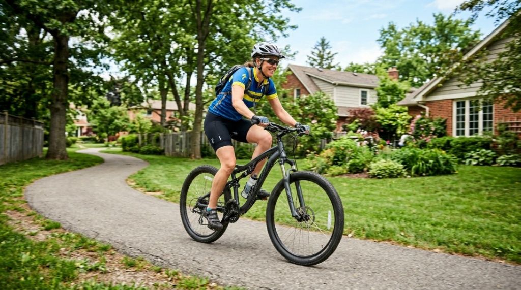 A person riding a mountain bike down a paved suburban trail.