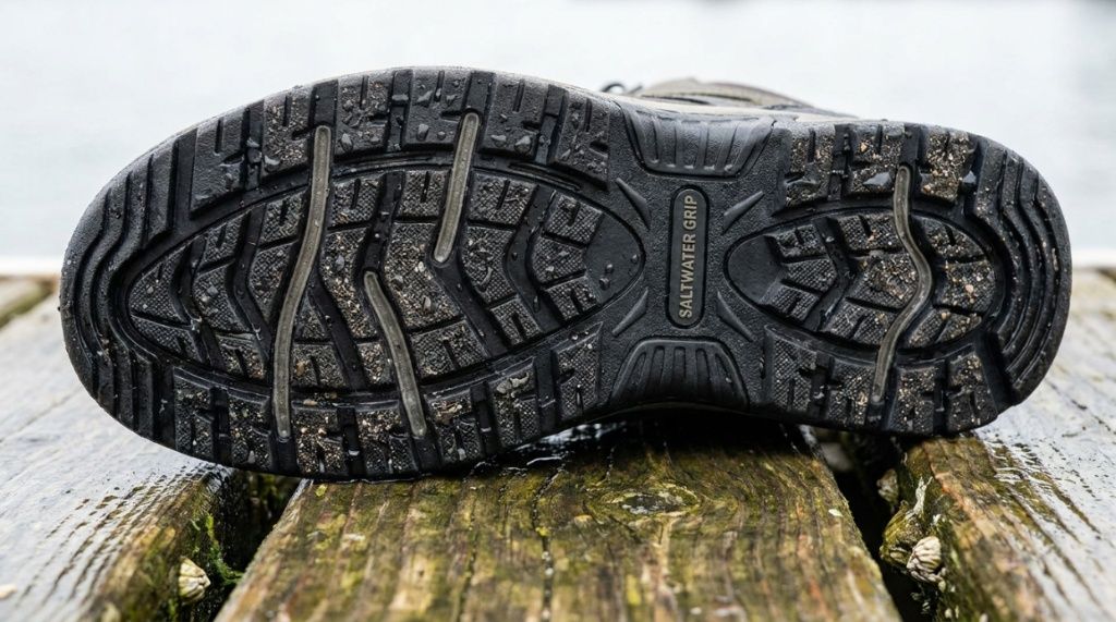 Close up of non slip rubber soles on durable fishing boots.