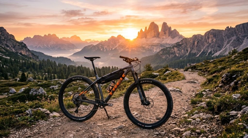 Modern aluminum mountain bike parked on mountain trail sunrise background.