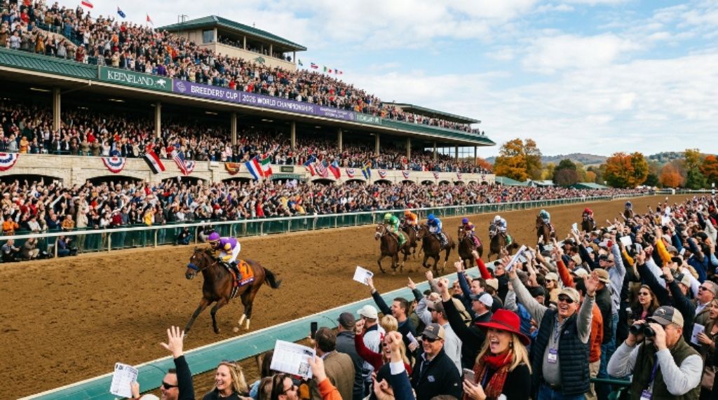Packed grandstands and trackside fans cheering at the Breeders Cup 2026 at Keeneland on Championship Saturday, October 31, in Lexington, Kentucky