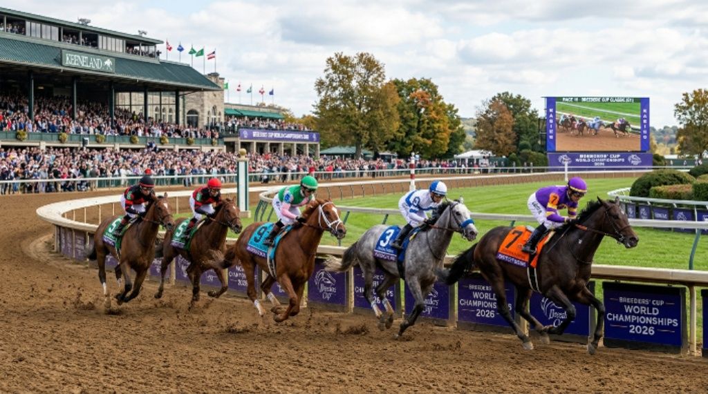 Thoroughbred racehorses rounding the final turn at Keeneland Race Course in Lexington, Kentucky, during the Breeders Cup World Championships 2026