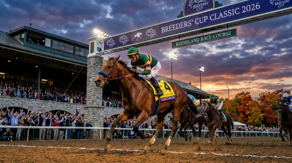 A jockey and Thoroughbred crossing the finish line at the Breeders Cup Classic 2026 at Keeneland Race Course in Kentucky under the autumn evening sky
