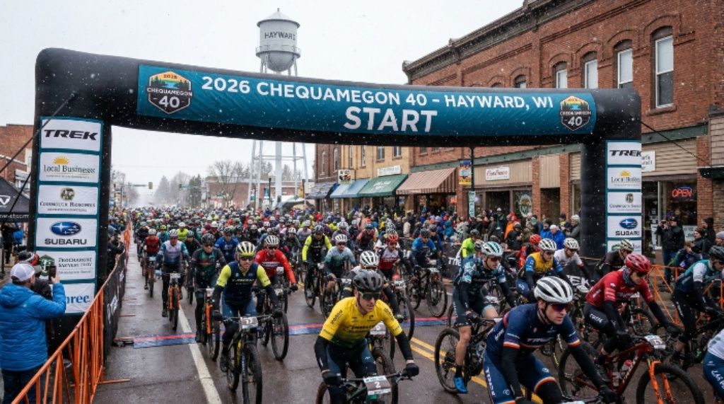 Riders lined up at the Chequamegon 40 start gate in downtown Hayward, Wisconsin, on the morning of the 2026 Chequamegon MTB Festival race day