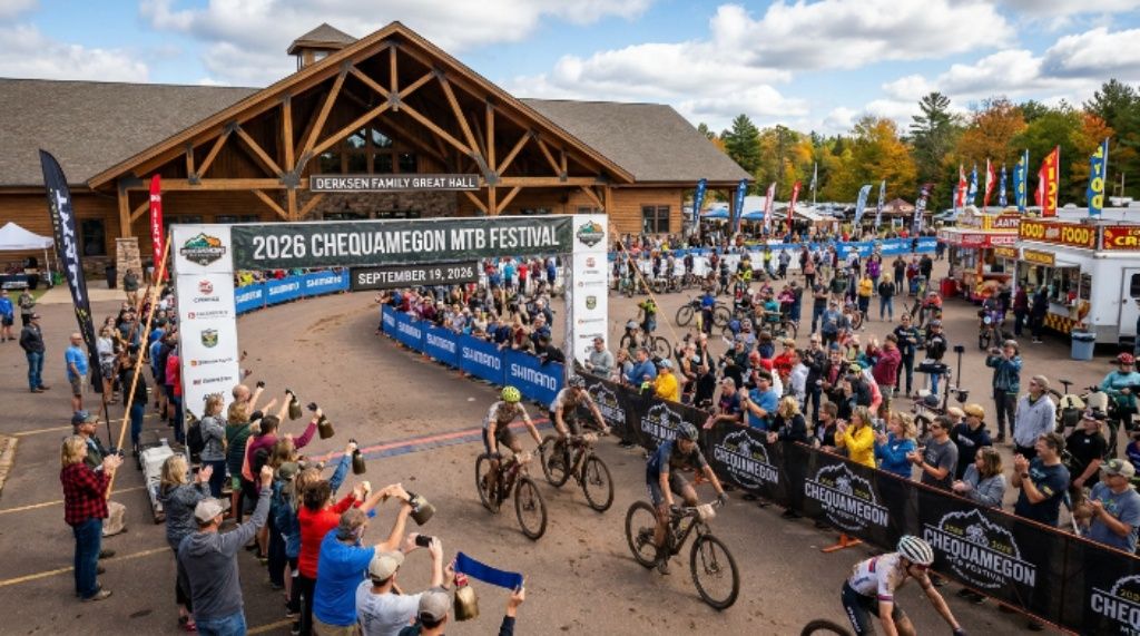 Crowds of cycling fans cheering at the finish line festival at the Derksen Family Great Hall in Cable, Wisconsin, during the 2026 Chequamegon MTB Festival on September 19