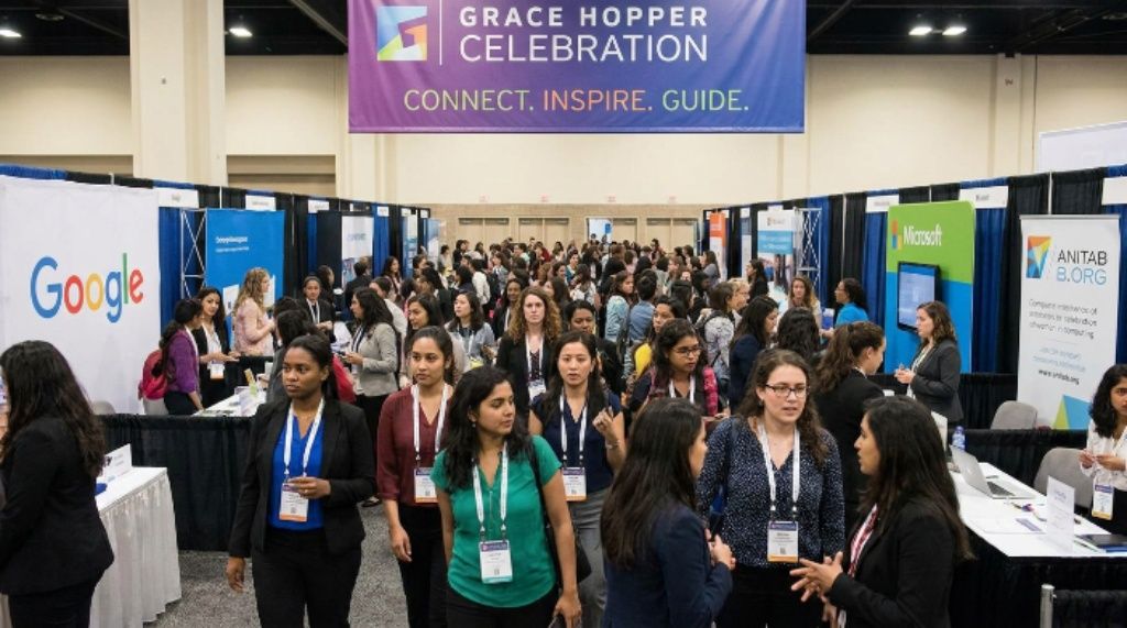 Women technologists networking at Grace Hopper Celebration career fair