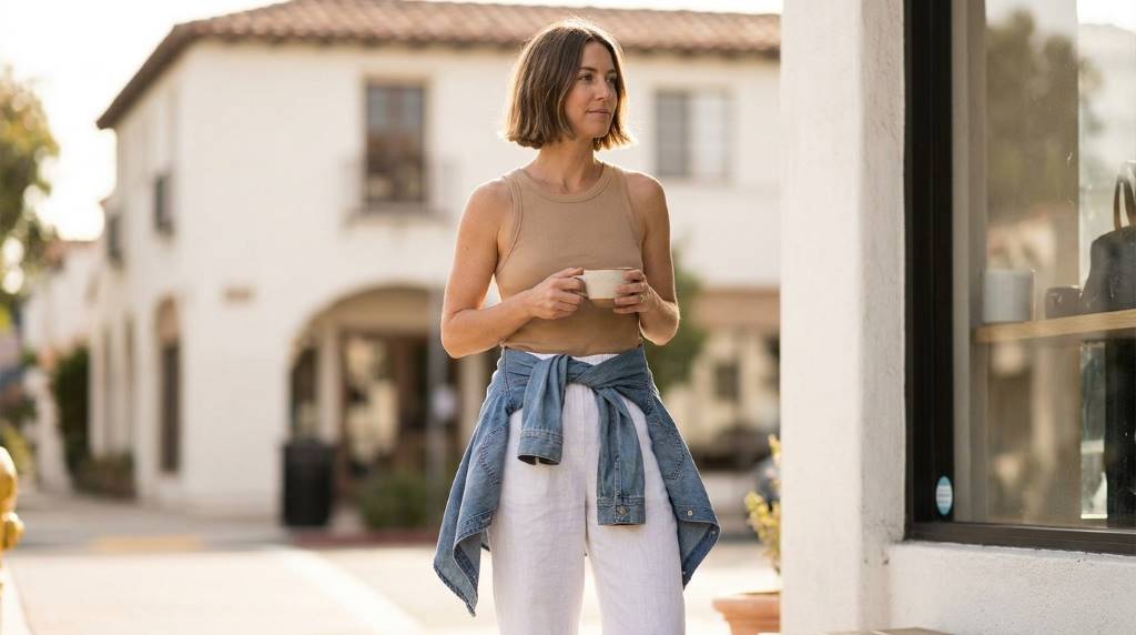 Lightweight coastal fashion with linen clothing and sandals