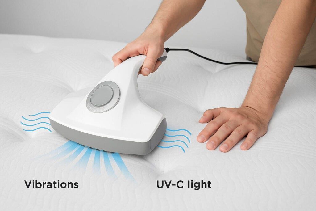 UV-C mattress vacuum removing dust and allergens from a bed