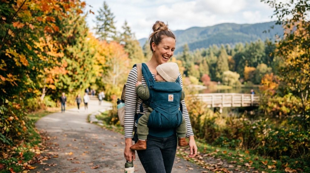 Close-up of supportive waistband and padded shoulder straps on a baby carrier.