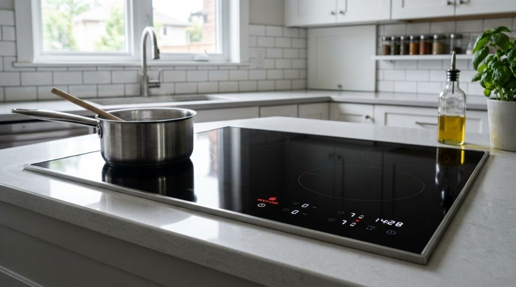 Hand touching cool glass induction cooktop surface next to boiling water pot.