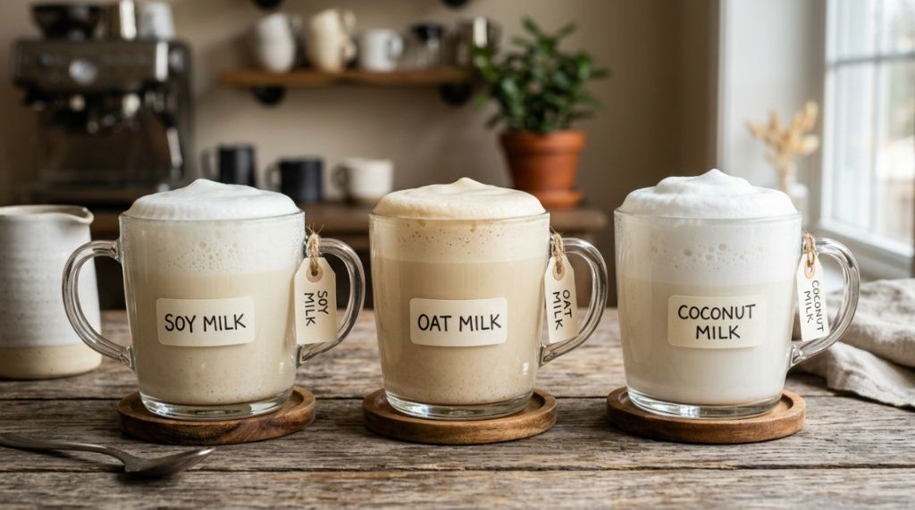 Three glass mugs displaying frothed soy, oat, and coconut milk