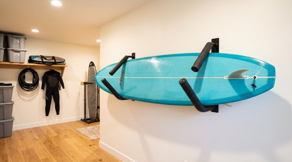 Surfboard stored safely on an indoor wall rack.