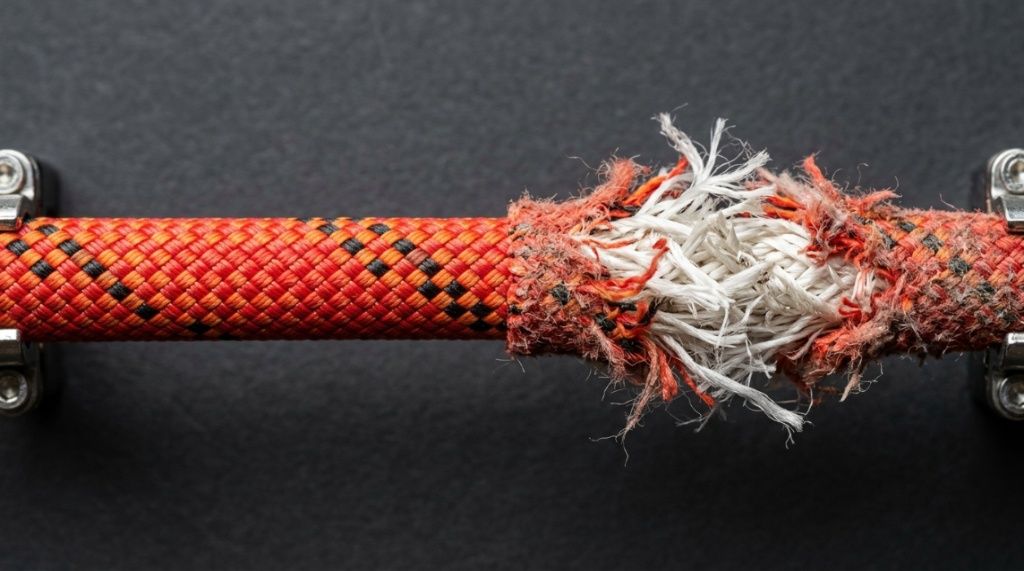 Macro view showing frayed dynamic climbing rope sheath fibers requiring immediate replacement.