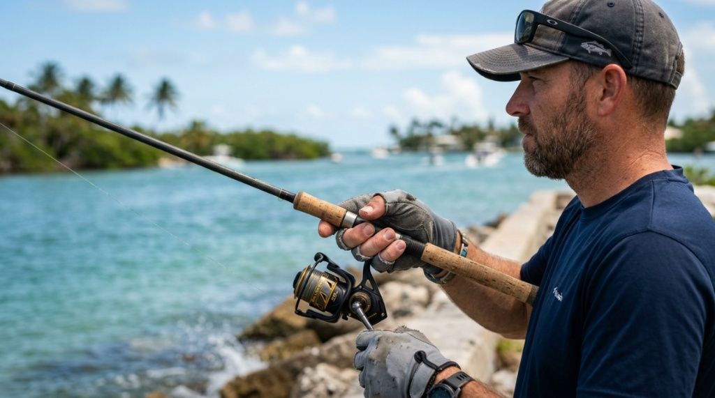 Angler wearing fingerless fishing gloves while adjusting a fishing reel.