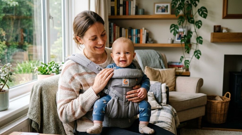 Smiling parent hiking outdoors while carrying an infant in a secure ergonomic carrier.