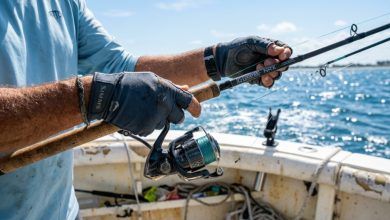 Angler wearing protective fishing gloves on a sunny Florida boat.