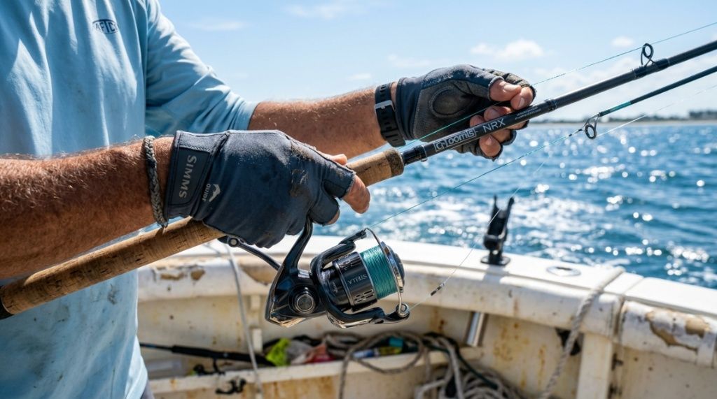 Angler wearing protective fishing gloves on a sunny Florida boat.