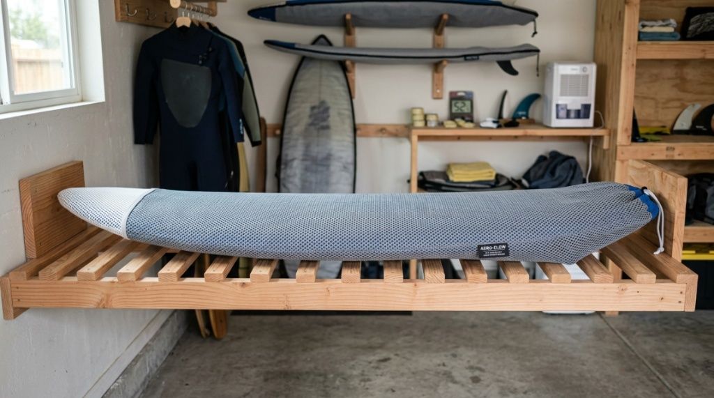 Surfboard inside a breathable protective board sock.