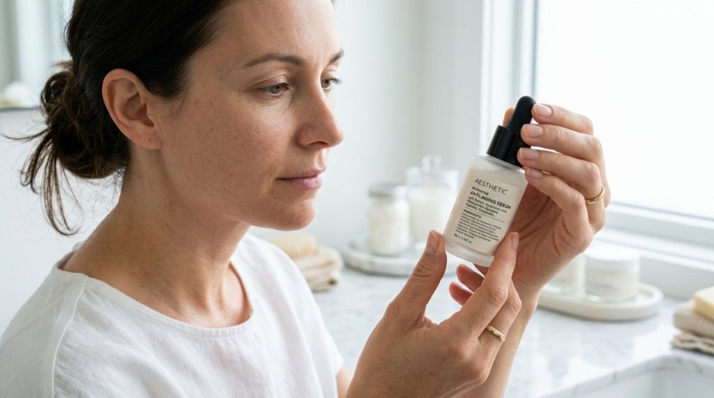 Magnifying glass over skincare formulation notes and dropper bottle.