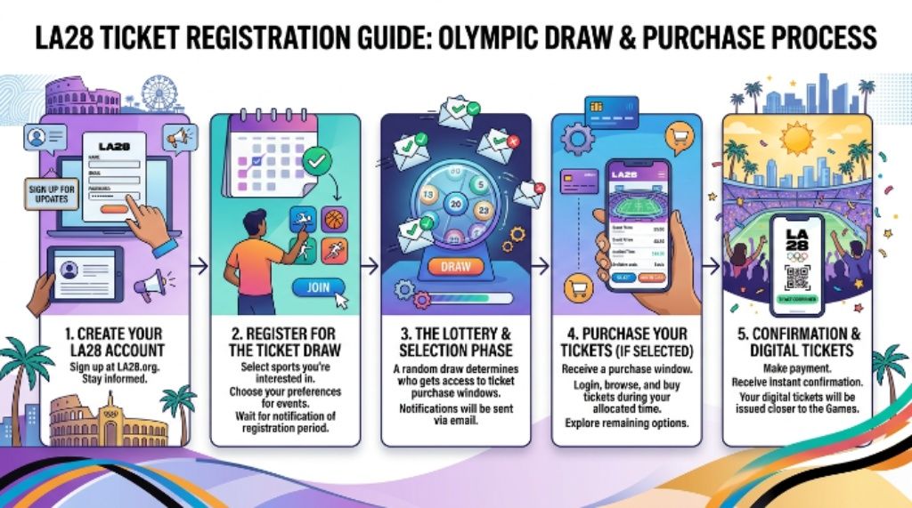 LA28 ticket registration guide showing the Olympic ticket draw and purchase process
