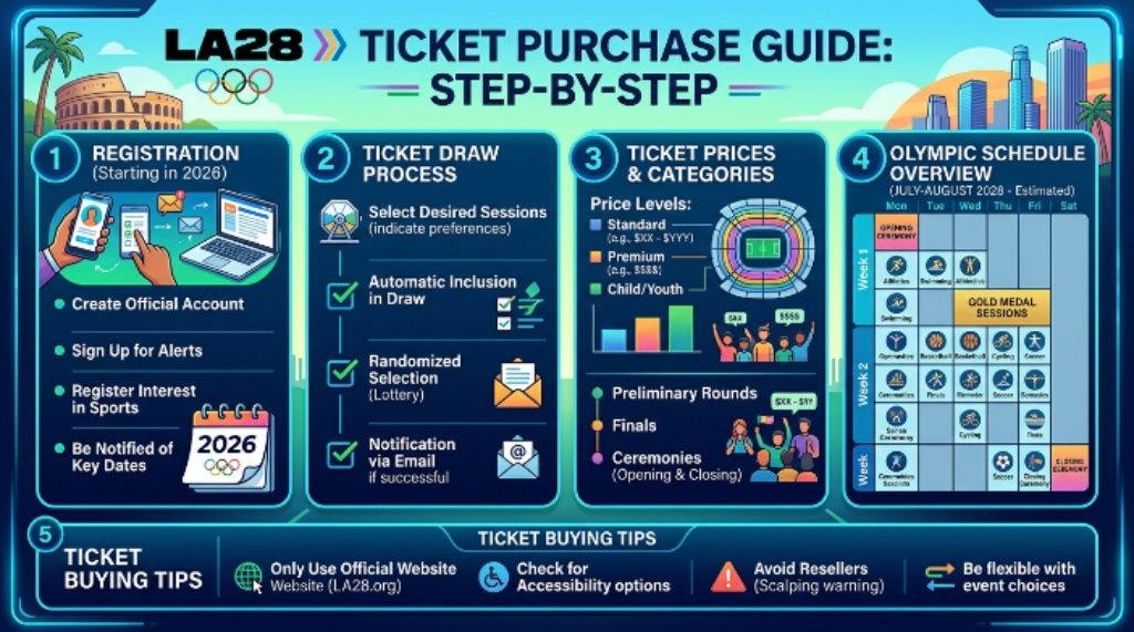 LA28 2026 ticket purchase guide featuring ticket draw process, prices, registration, and Olympic schedule overview