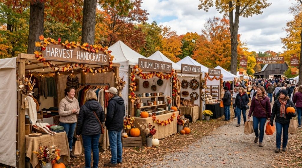 Craft vendor booths at an outdoor fall harvest event