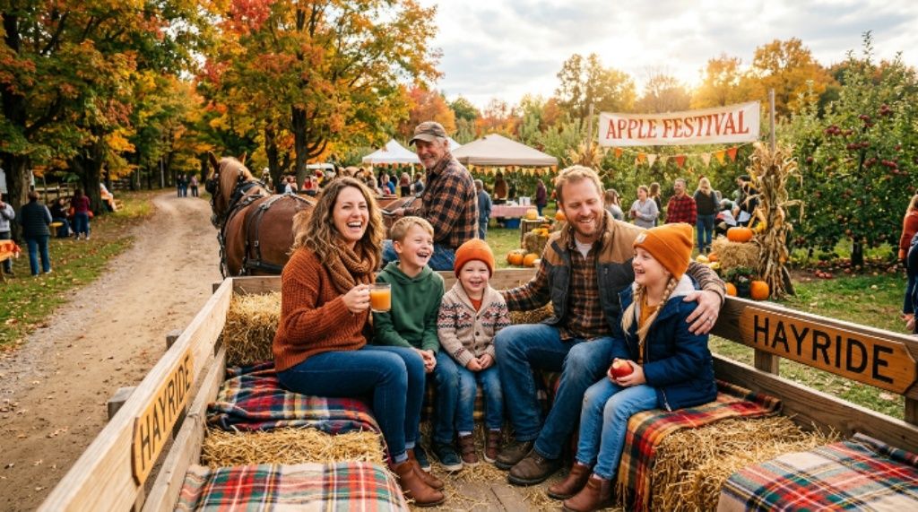 Family enjoying a hayride at an autumn apple festival