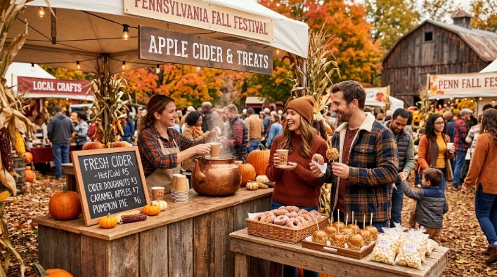 Fresh apple cider and treats at a Pennsylvania fall festival