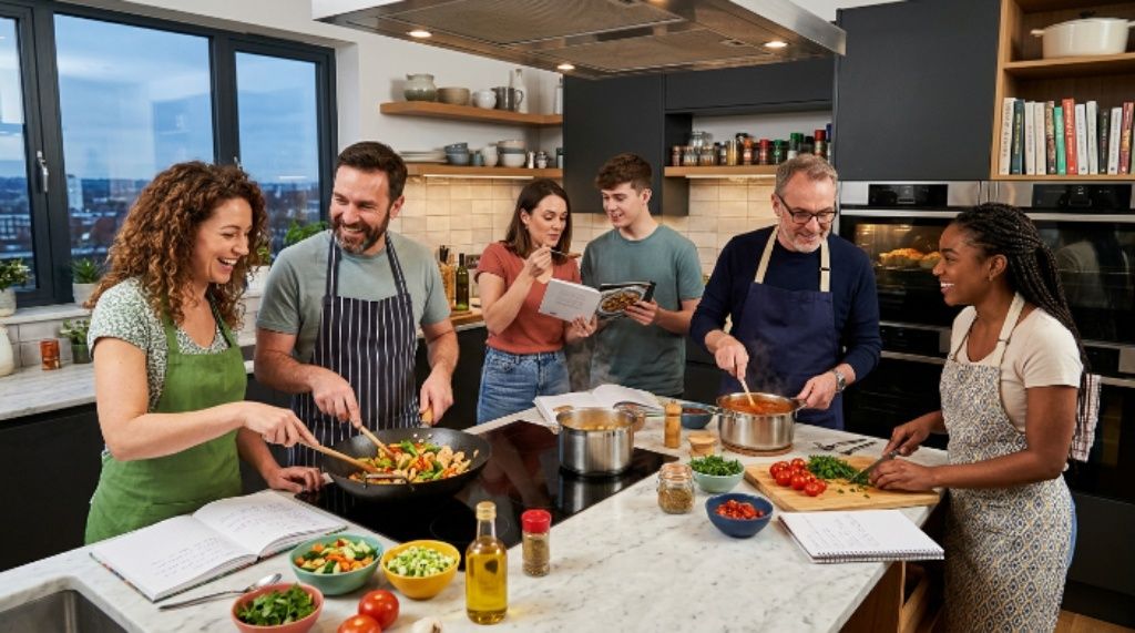 Cooking club members sharing recipes and cooking in a modern kitchen